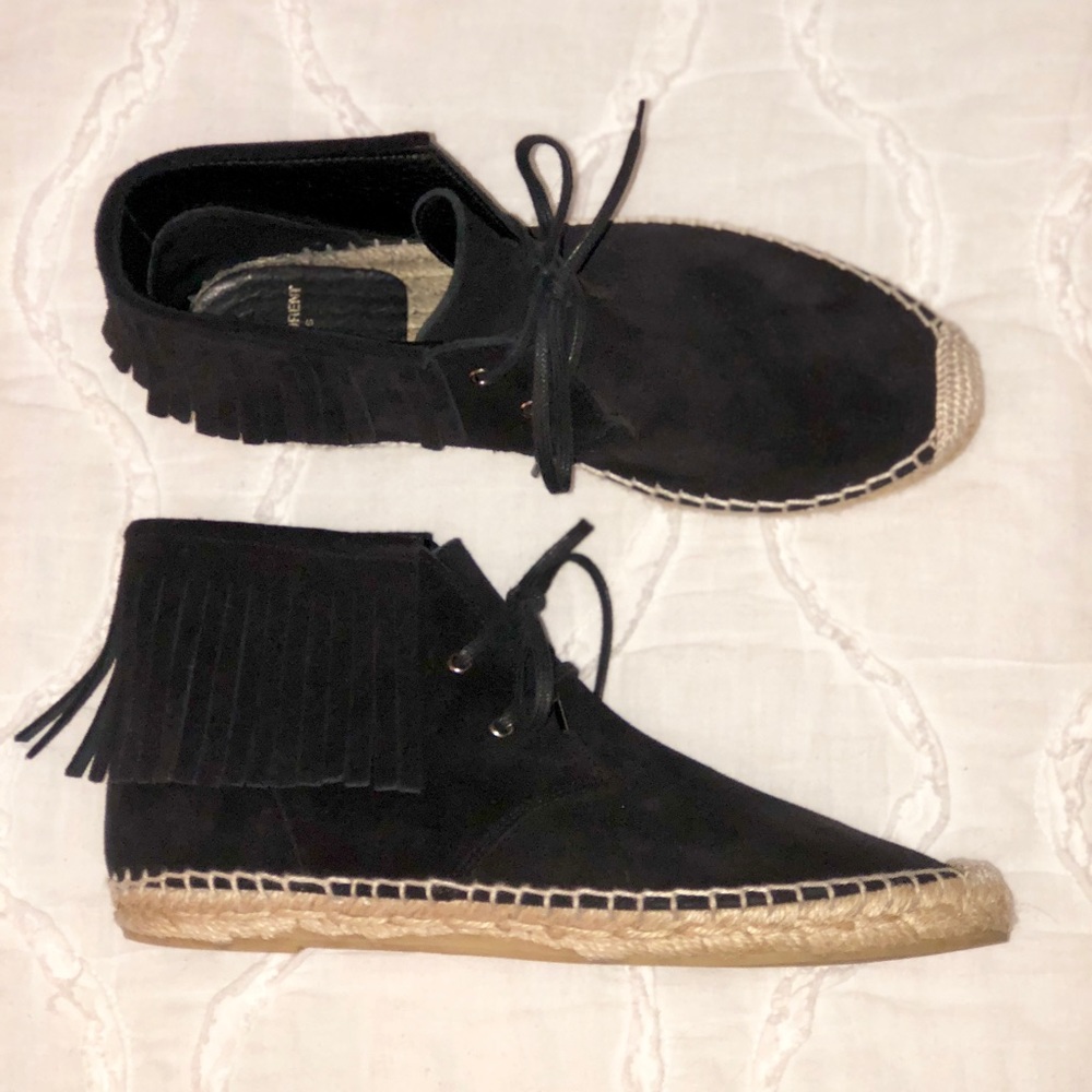 SAINT LAURENT SUEDE ESPADRILLE FRINGE BOOTIES